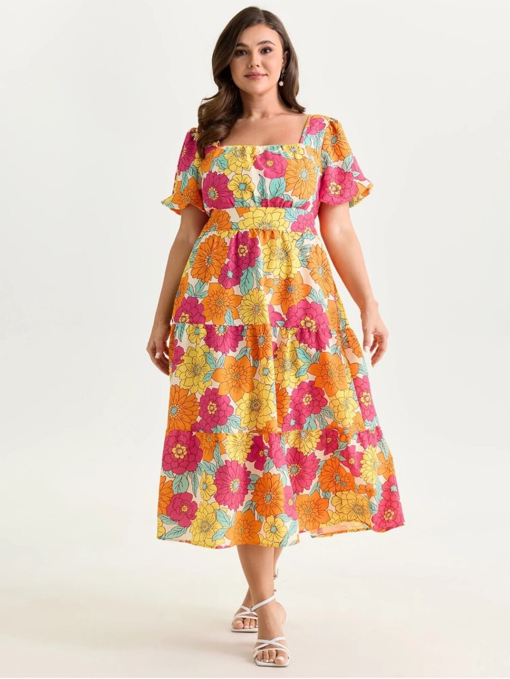 NWT BloomChic Floral Dress Tie Back Puff Short Sleeve Vibrant Pink Orange 18-20